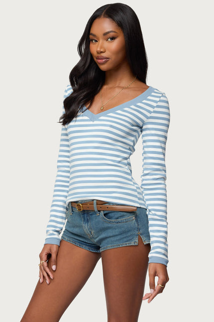 Kimi Striped Long Sleeve V Neck Top - Blue And White