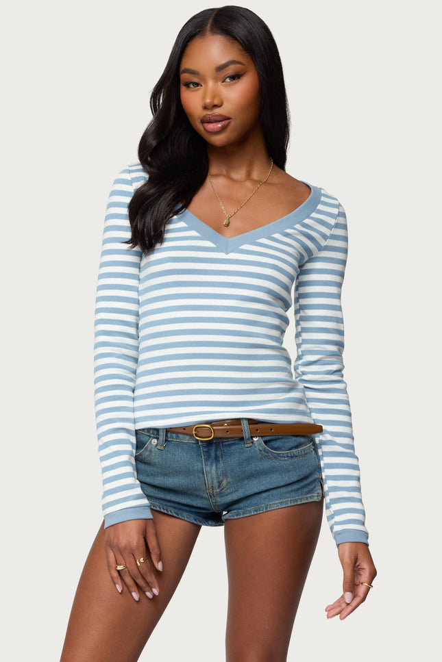 Kimi Striped Long Sleeve V Neck Top - Blue And White