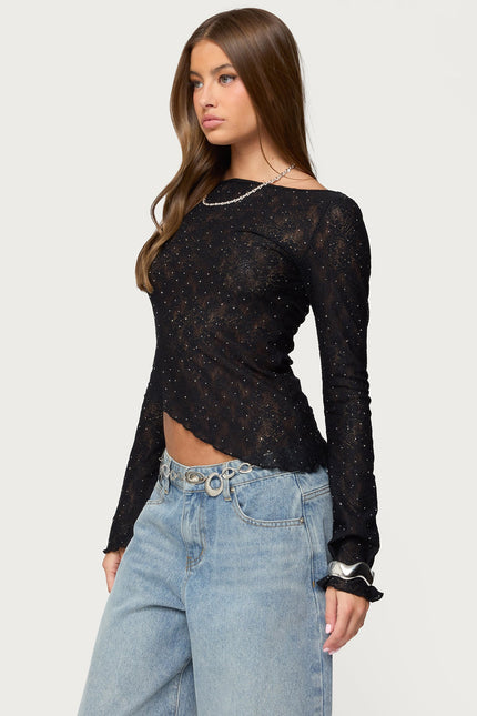 Mare Asymmetric Gem Sheer Lace Top - Black