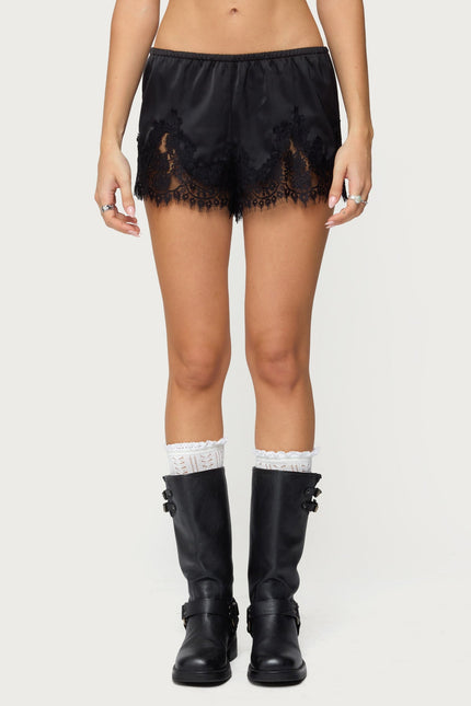 Reisa Lacey Satin Effect Shorts - Black