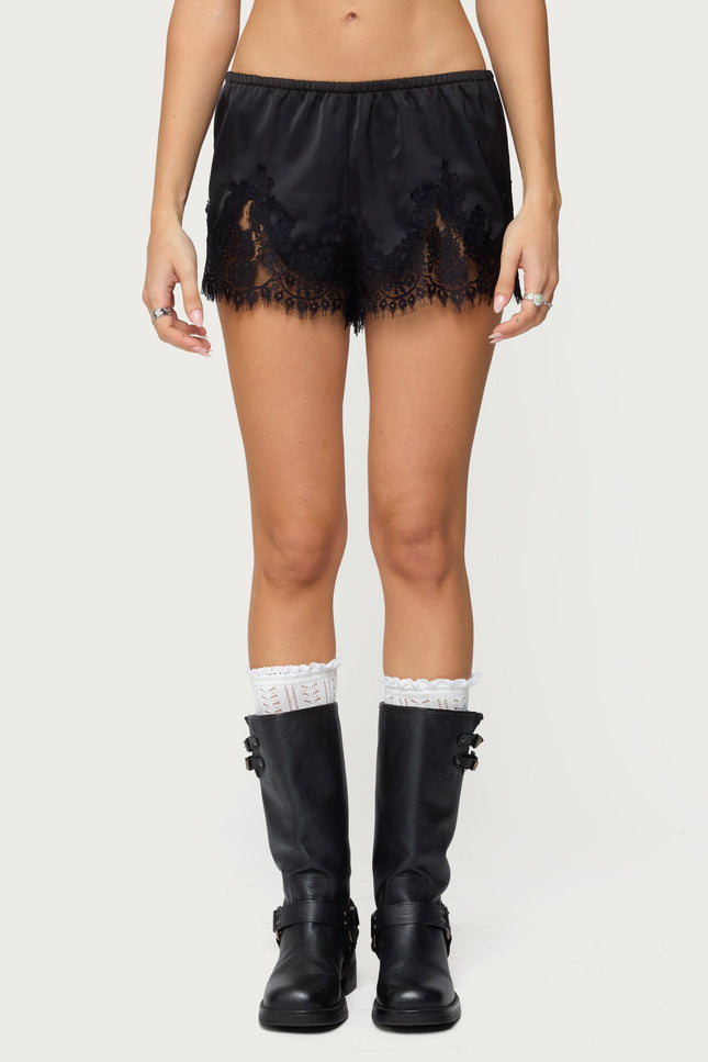 Reisa Lacey Satin Effect Shorts - Black