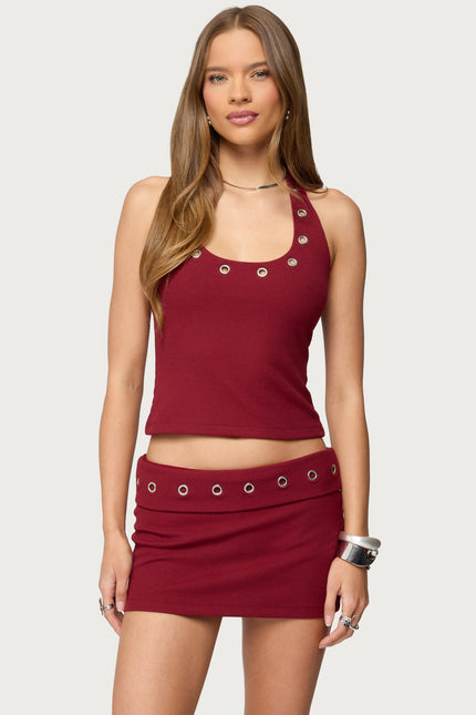 Havana Grommet Ribbed Halter Top - Burgundy