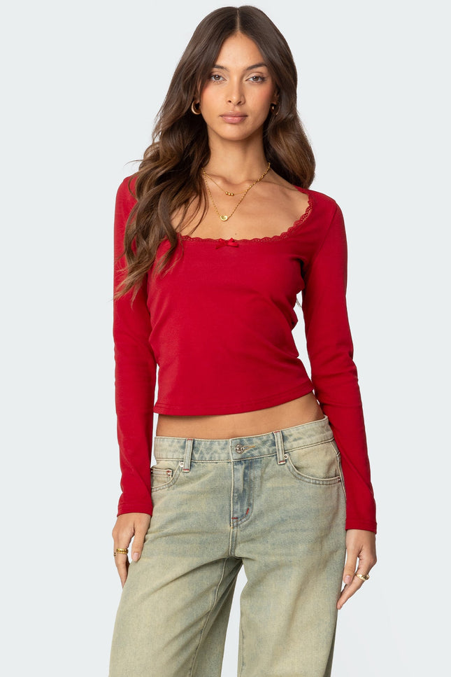 Mora Lace Trim Ribbed T Shirt - Red