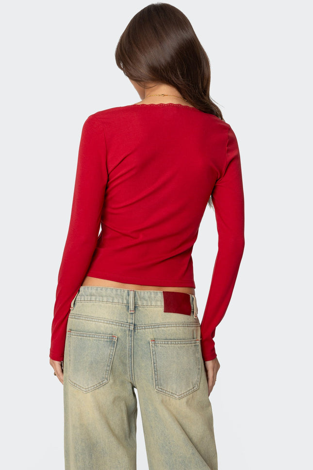Mora Lace Trim Ribbed T Shirt - Red