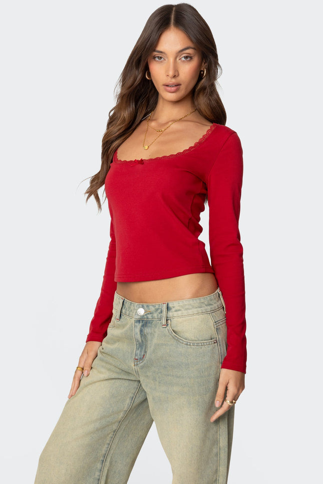Mora Lace Trim Ribbed T Shirt - Red