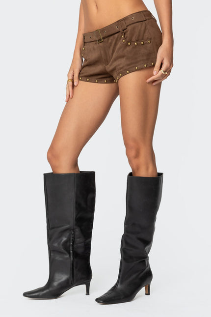 Studded Faux Suede Micro Shorts - Brown