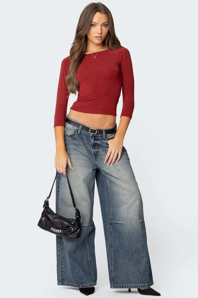 Mary Three-Quarter Sleeve Wide Neck Top - Burgundy
