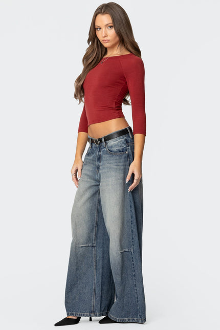 Mary Three-Quarter Sleeve Wide Neck Top - Burgundy