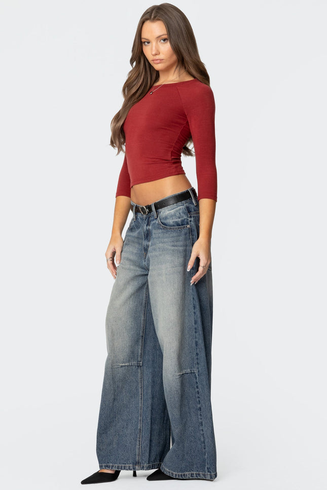 Mary Three-Quarter Sleeve Wide Neck Top - Burgundy