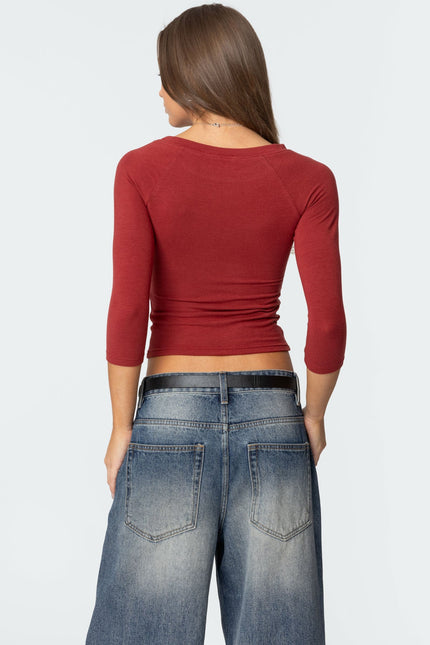 Mary Three-Quarter Sleeve Wide Neck Top - Burgundy