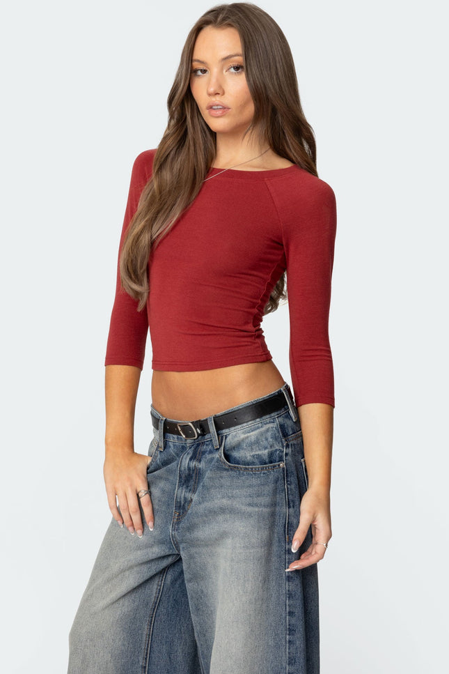 Mary Three-Quarter Sleeve Wide Neck Top - Burgundy