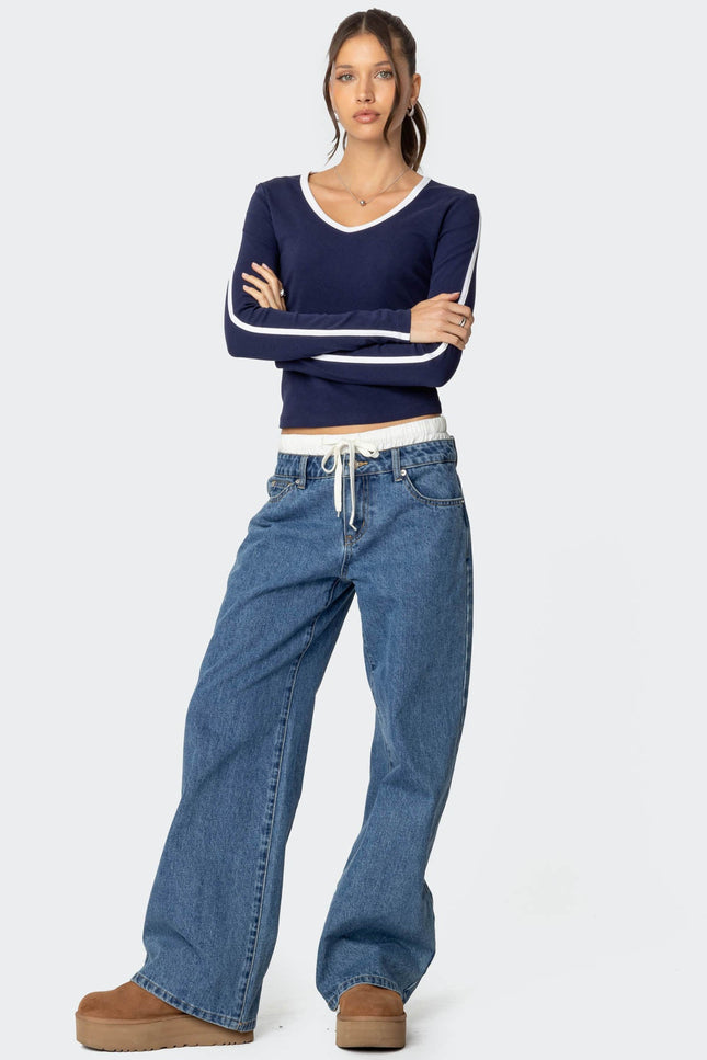 Contrast V Neck Long Sleeve T Shirt - Navy