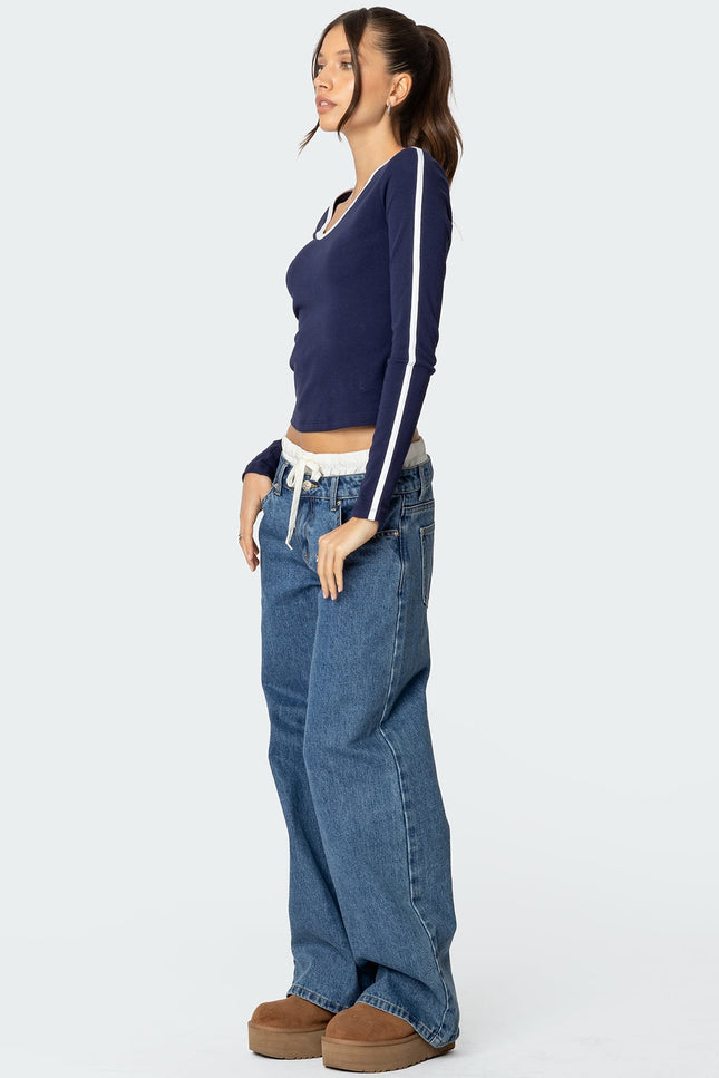 Contrast V Neck Long Sleeve T Shirt - Navy
