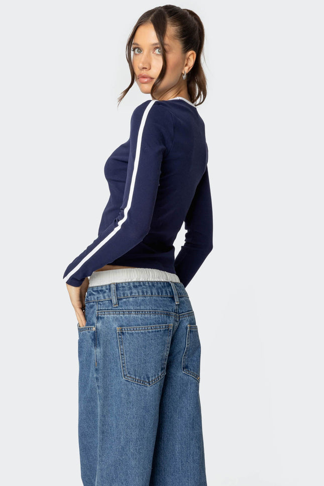 Contrast V Neck Long Sleeve T Shirt - Navy