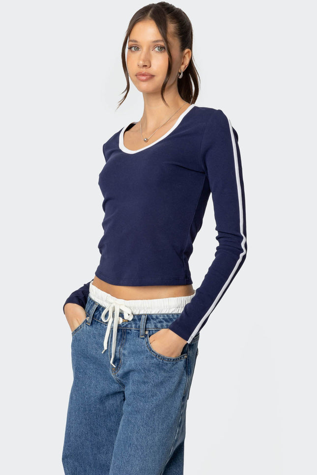 Contrast V Neck Long Sleeve T Shirt - Navy