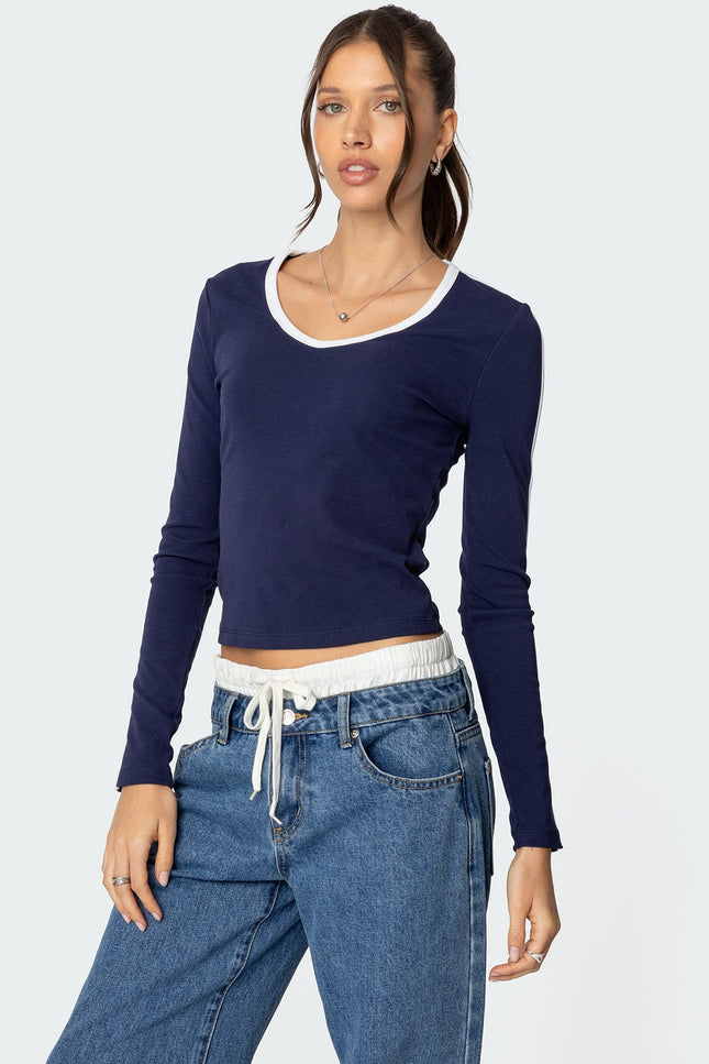 Contrast V Neck Long Sleeve T Shirt - Navy