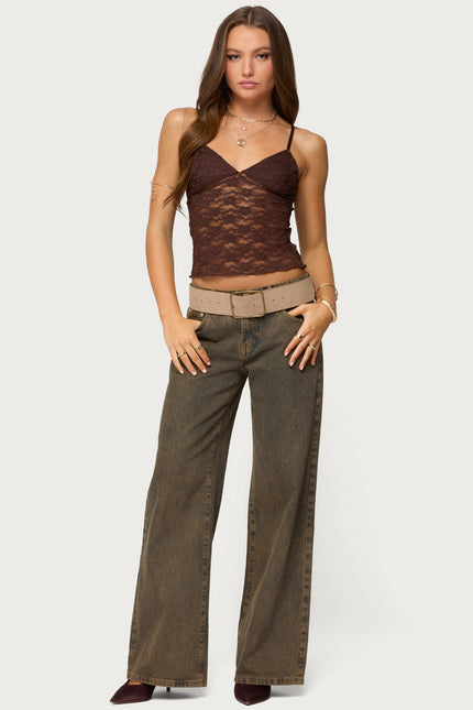 Eira Sheer Lace Tank Top - Brown