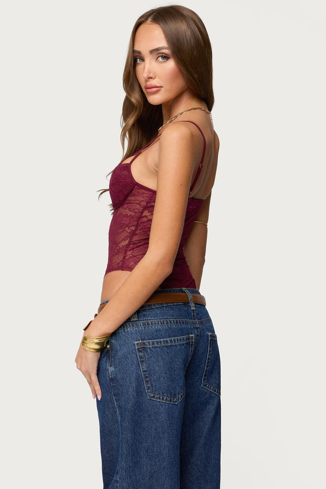 Strappy Sheer Lace Bodysuit - Wine