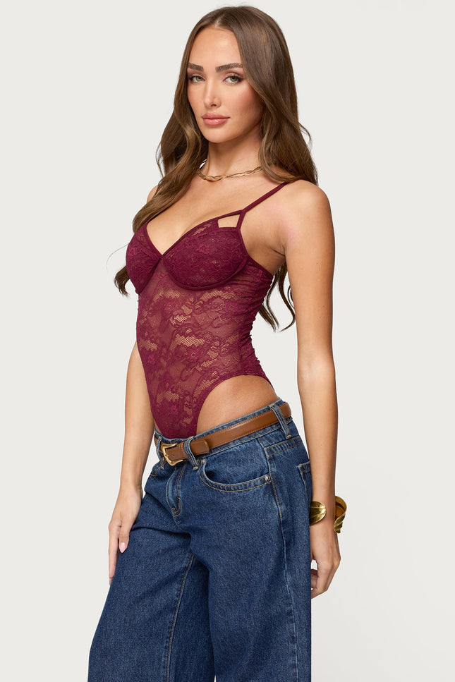 Strappy Sheer Lace Bodysuit - Wine