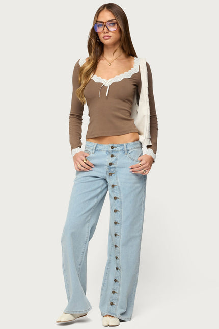 Contrast Lacey Long Sleeve Top - Brown