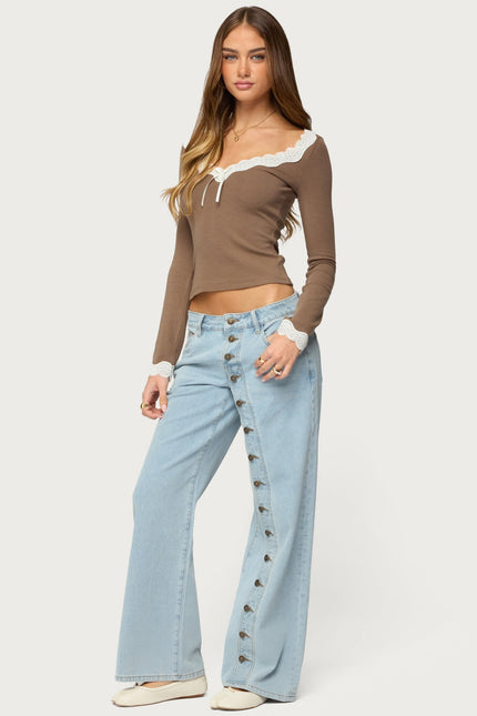 Contrast Lacey Long Sleeve Top - Brown