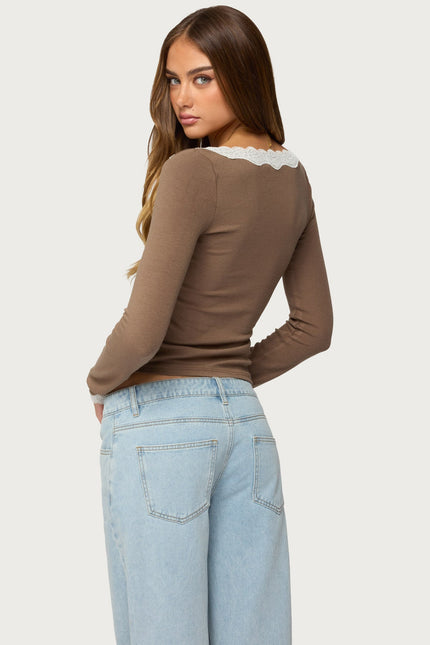 Contrast Lacey Long Sleeve Top - Brown