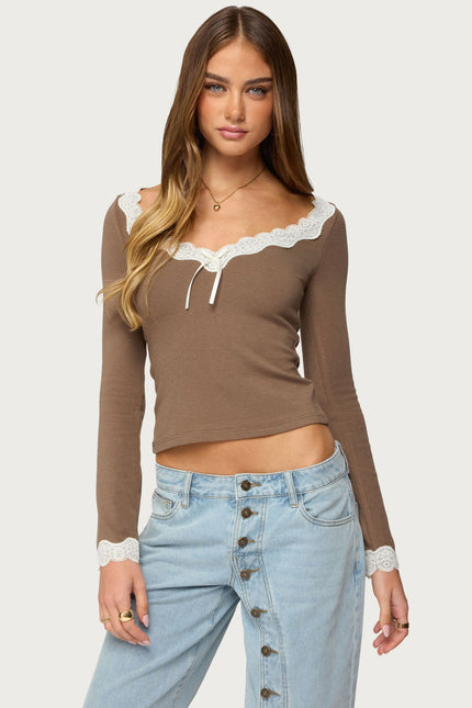 Contrast Lacey Long Sleeve Top - Brown