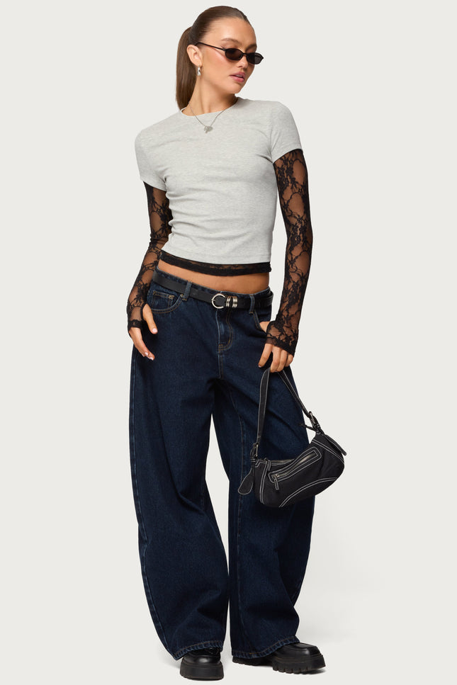 Layered Lace Sleeve Top - Gray Melange