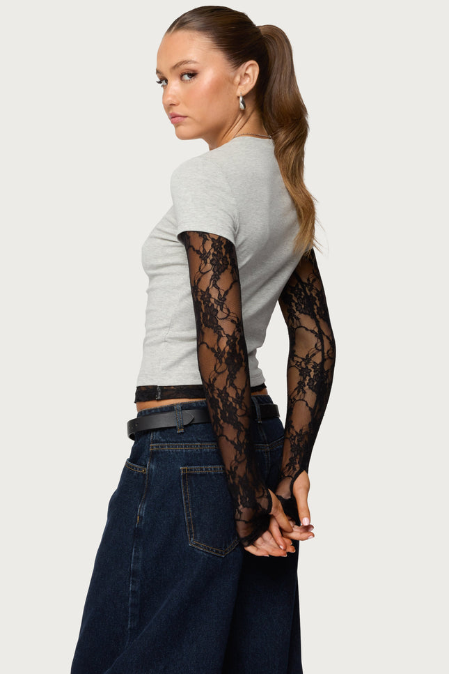 Layered Lace Sleeve Top - Gray Melange