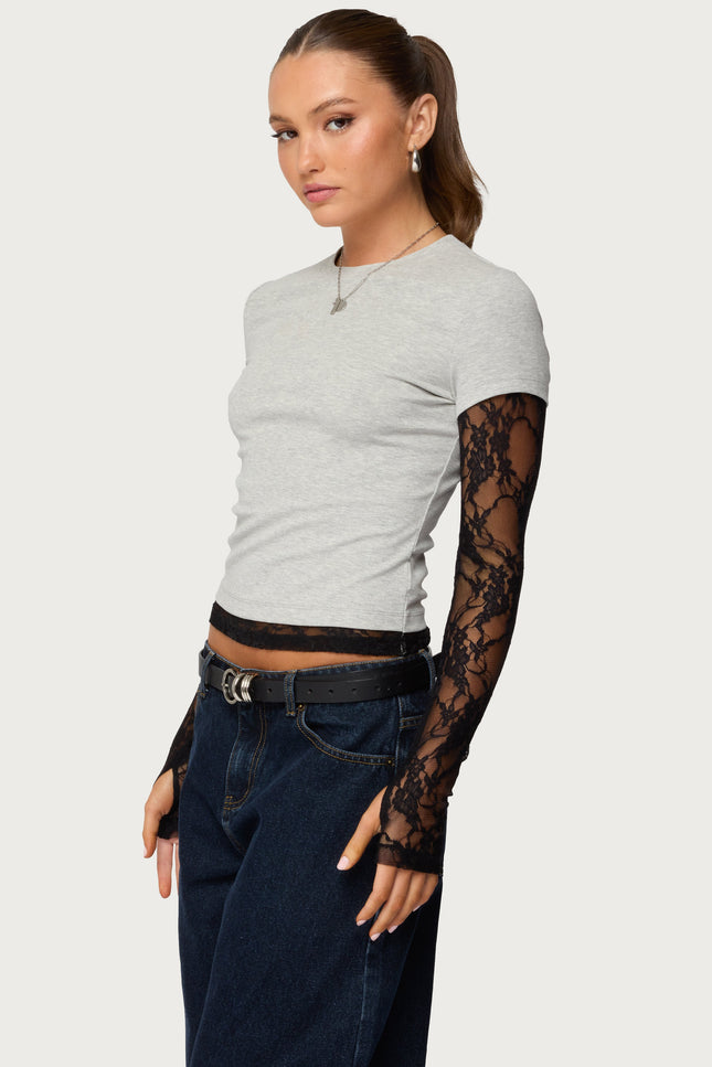 Layered Lace Sleeve Top - Gray Melange