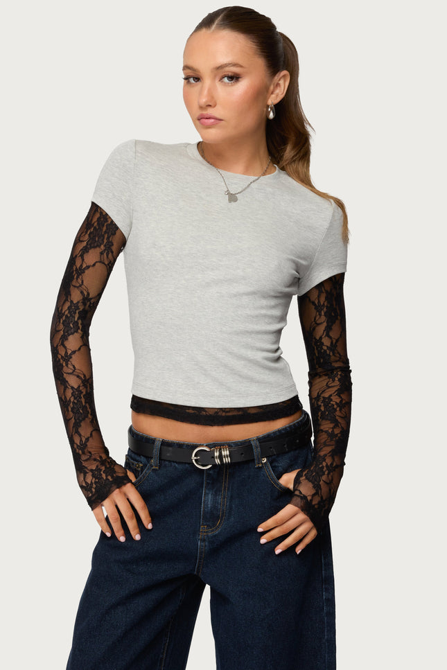 Layered Lace Sleeve Top - Gray Melange