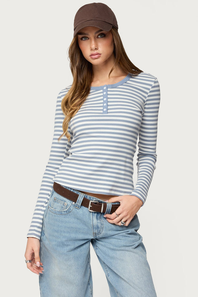 Roma Striped Henley Top - Blue