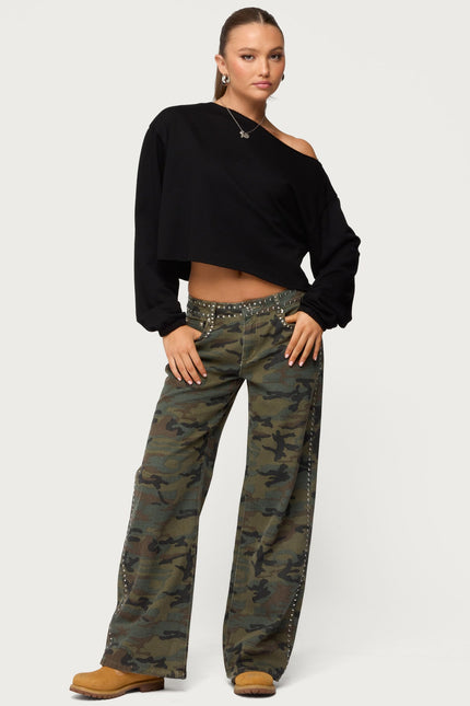 Quincy Studded Low Rise Baggy Jeans - Olive Washed