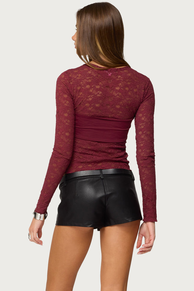 Rosette Bandeau Sheer Lace Top - Burgundy
