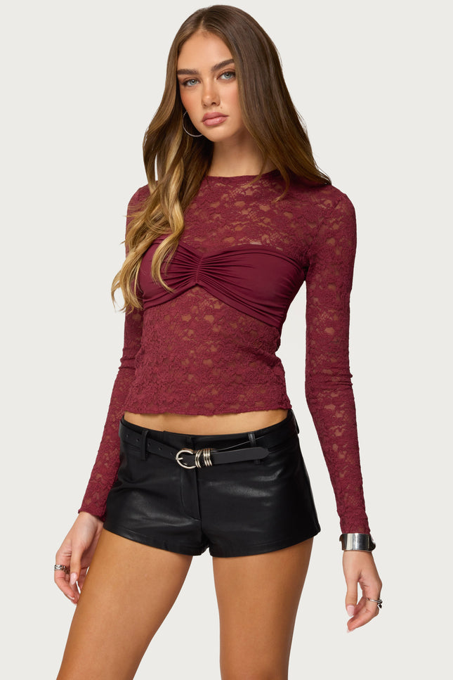 Rosette Bandeau Sheer Lace Top - Burgundy