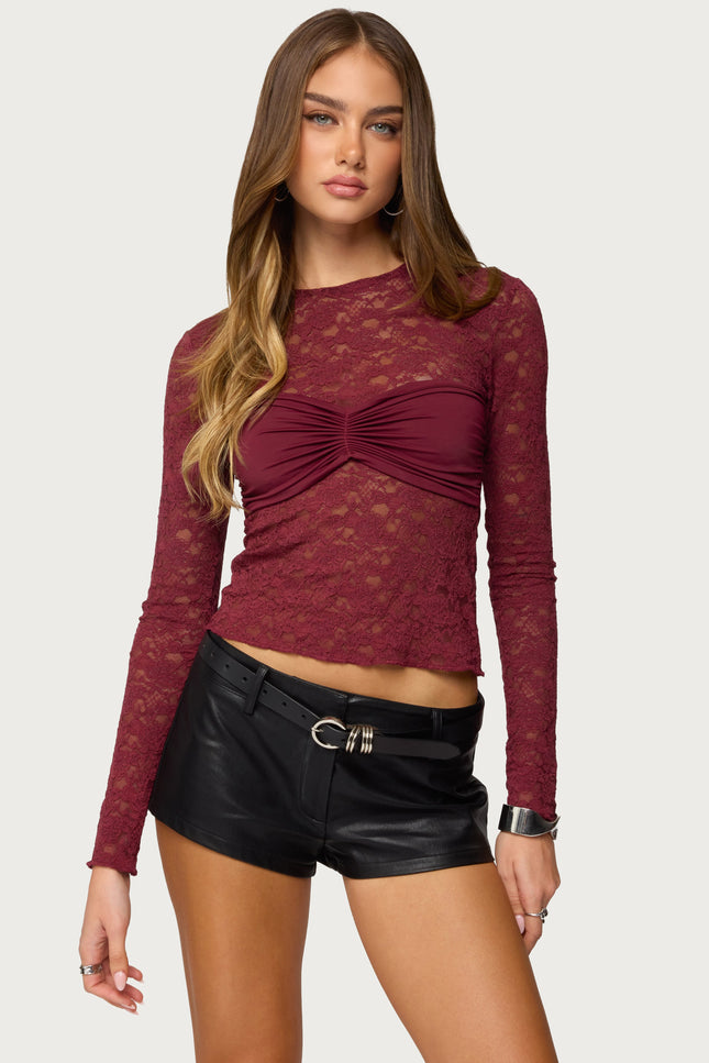 Rosette Bandeau Sheer Lace Top - Burgundy