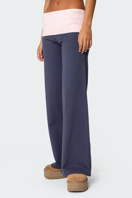 Wide Leg Contrast Foldover Pants - Navy
