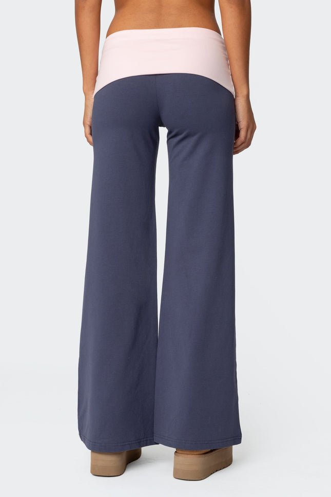 Wide Leg Contrast Foldover Pants - Navy