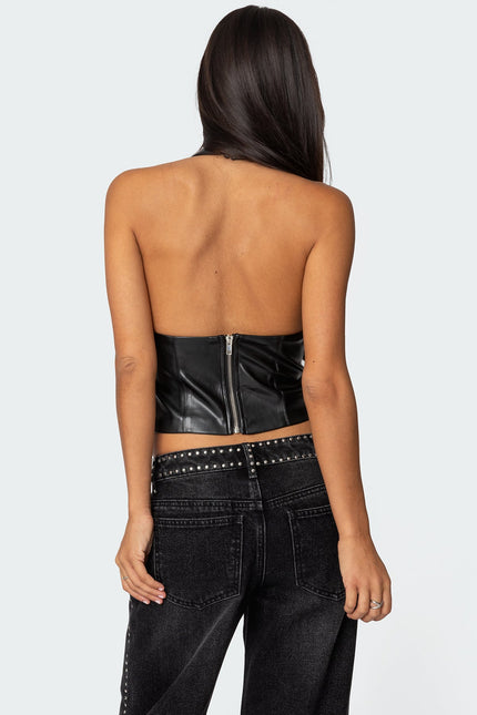 Tana Faux Leather Halter Top - Black