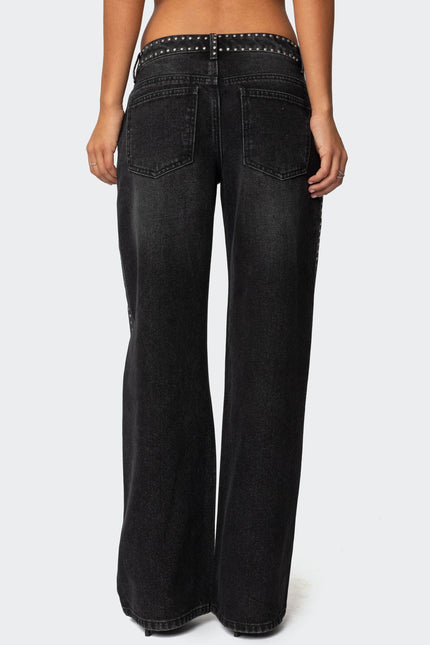 Quincy Studded Low Rise Baggy Jeans - Black Washed