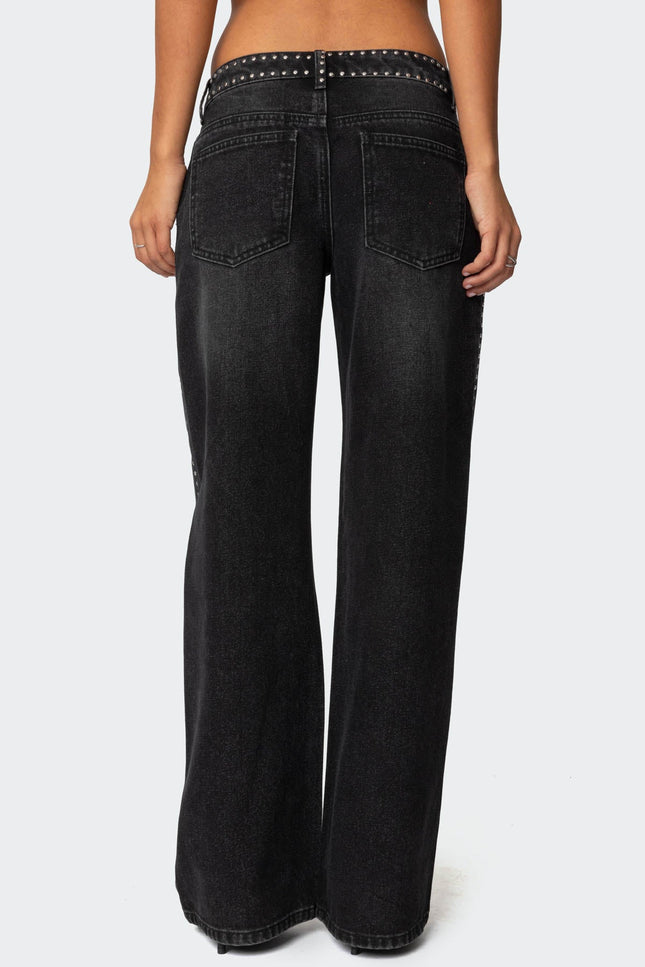 Quincy Studded Low Rise Baggy Jeans - Black Washed