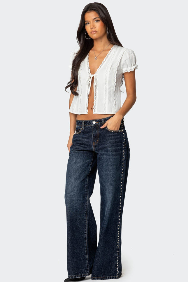 Cotton Lacey Tie Front Top - White