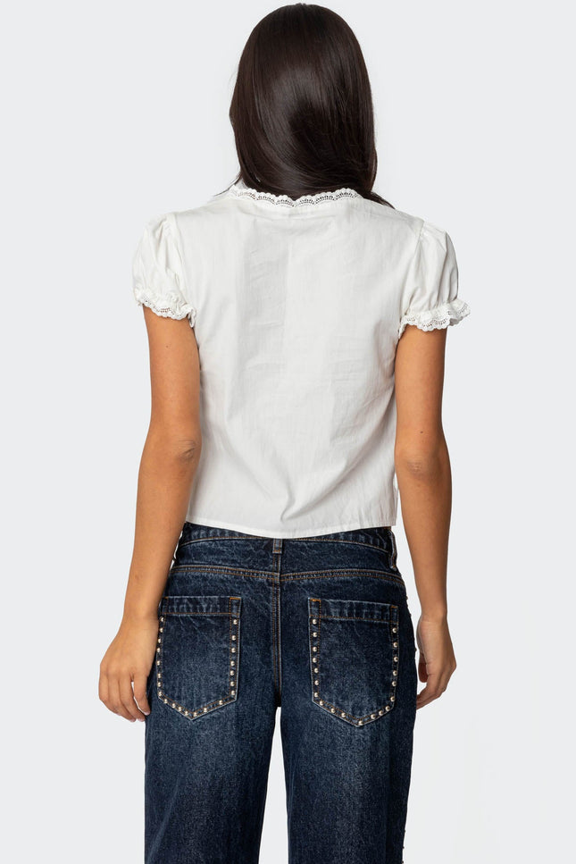 Cotton Lacey Tie Front Top - White
