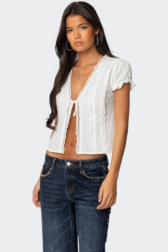 Cotton Lacey Tie Front Top - White
