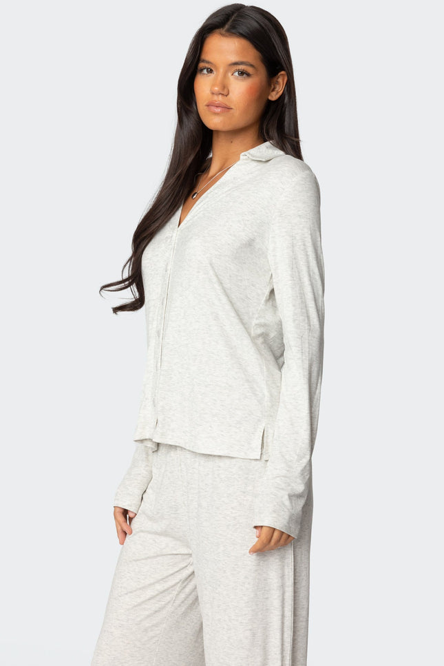 Justina Button Up Top - Gray Melange