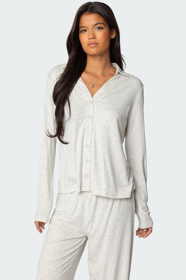 Justina Button Up Top - Gray Melange