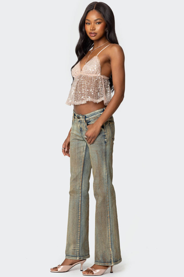 Sheer Sequin Babydoll Tank Top - Pink