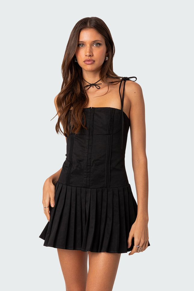Perri Pleated Corset Mini Dress - Black