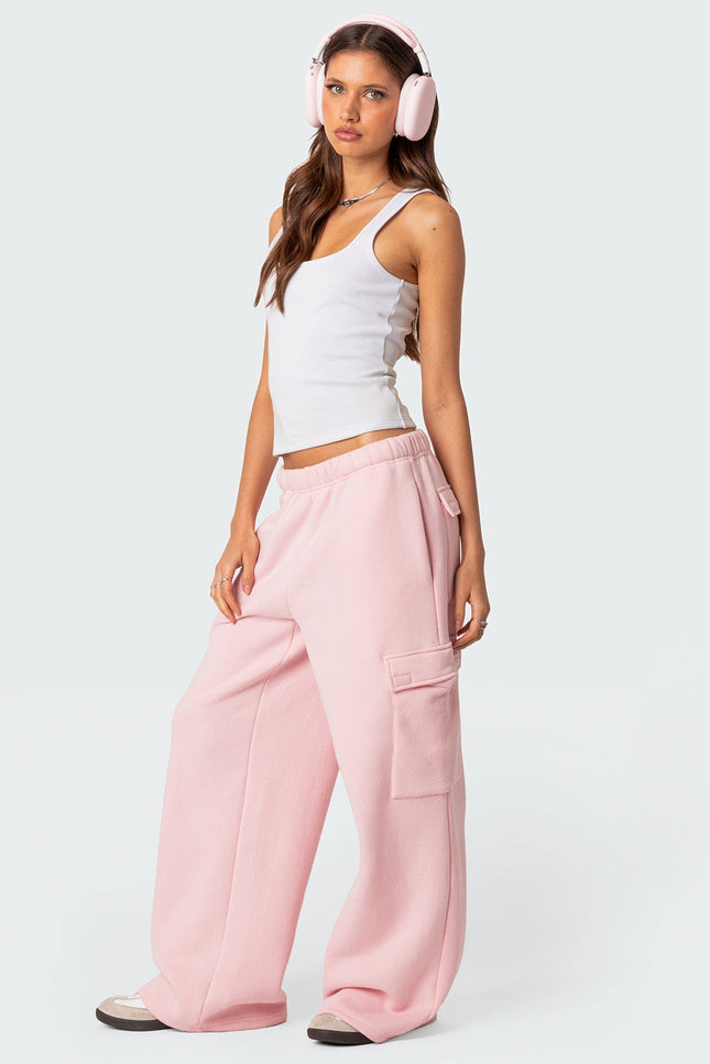Wide Leg Cargo Sweatpants - Pink