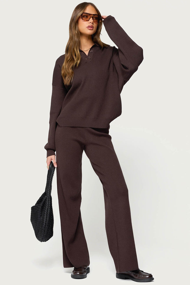 Lorie Wide Leg Knit Pants - Brown